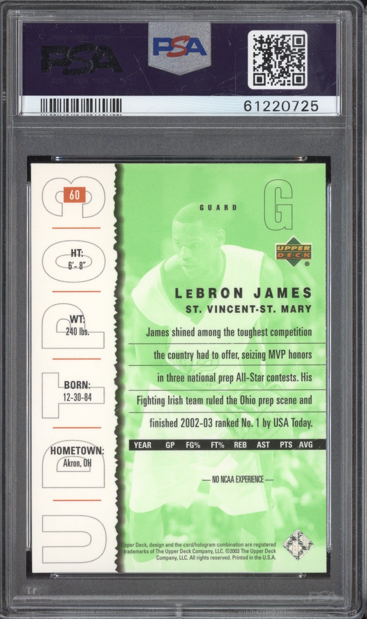 LeBron James 2004-04 Upper Deck Top Prospects 60 RC PSA 10