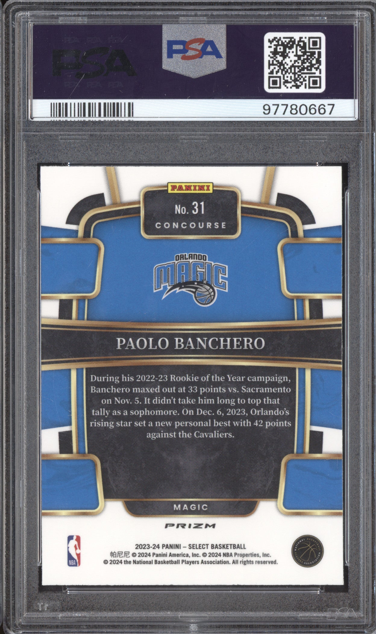 Paolo Banchero 2023-24 Panini Select 31 Zebra PSA 8