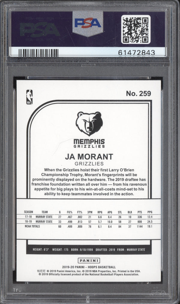 Ja Morant 2019-20 Panini Hoops 259 RC PSA 10