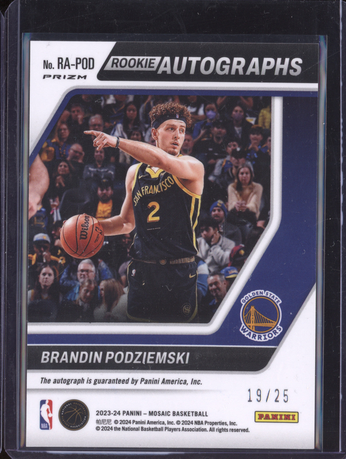 Brandin Podziemski 2023-24 Panini Mosaic RA-POD Rookie Autograph White RC 19/25