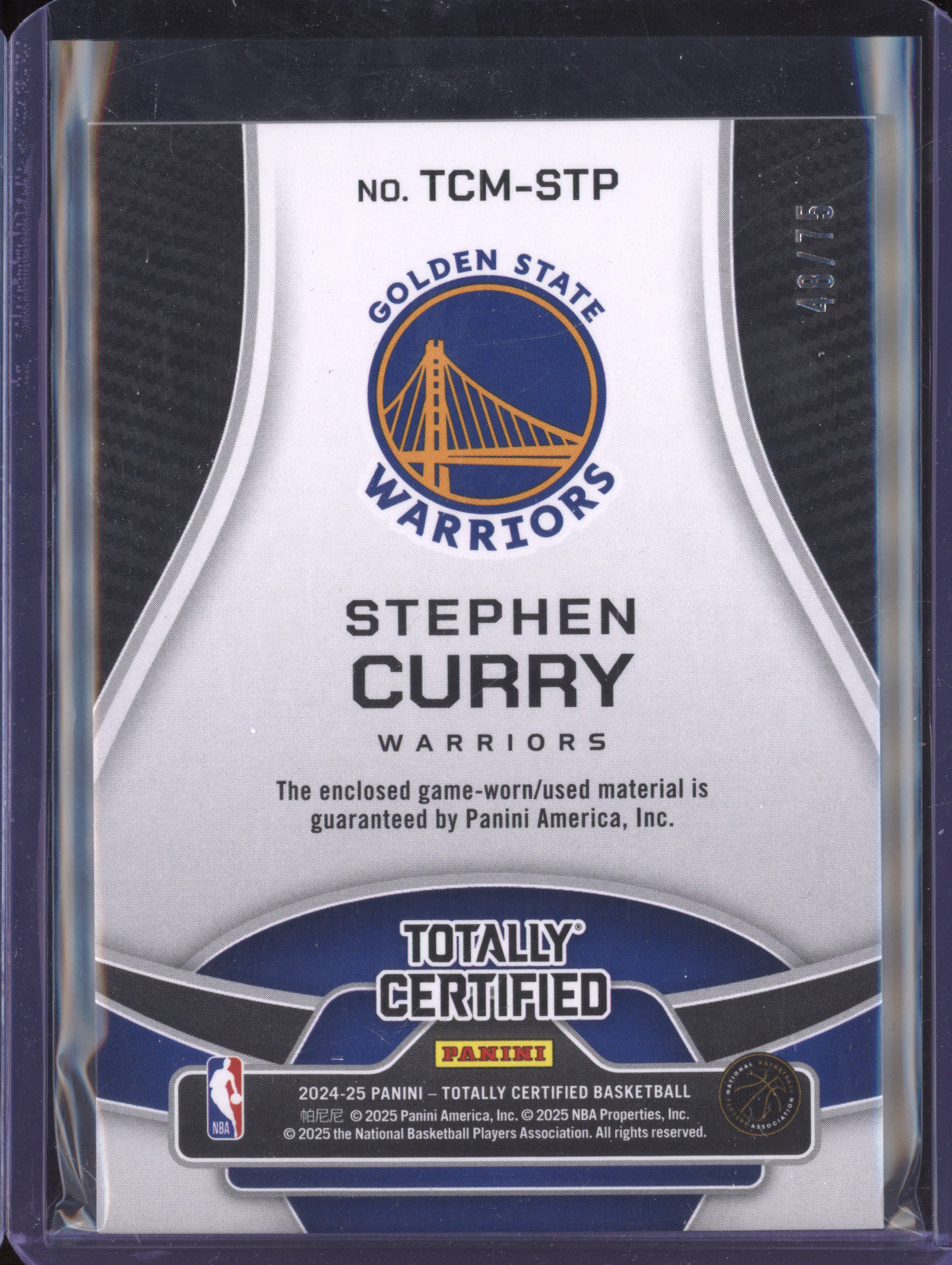 Steph Curry 2024-25 Panini Totally Certified TCM-STP Certified Materials Red /75