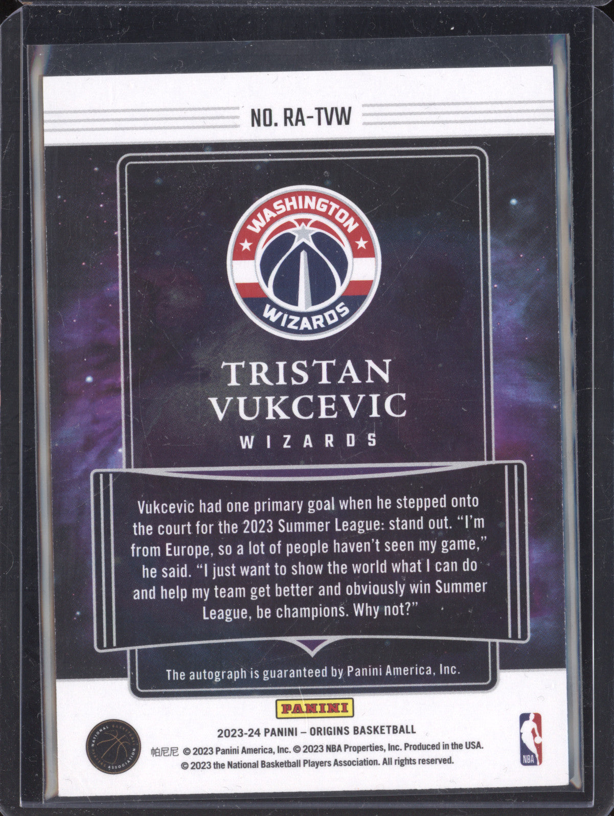 Tristan Vukcevic 2023-24 Panini Origins RA-TVW Rookie Auto Turquoise RC 3/15
