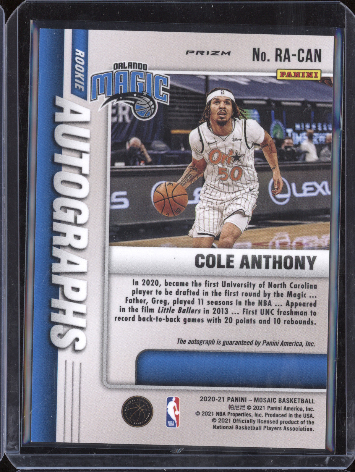 Cole Anthony 2020-21 Panini Mosaic RA-CAN Rookie Autograph RC