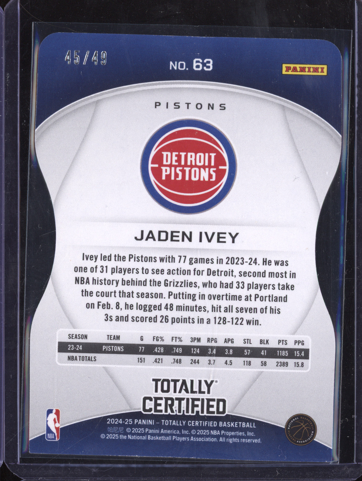 Jaden Ivey 2024-25 Panini Totally Certified 63 Purple Die-Cut 45/49