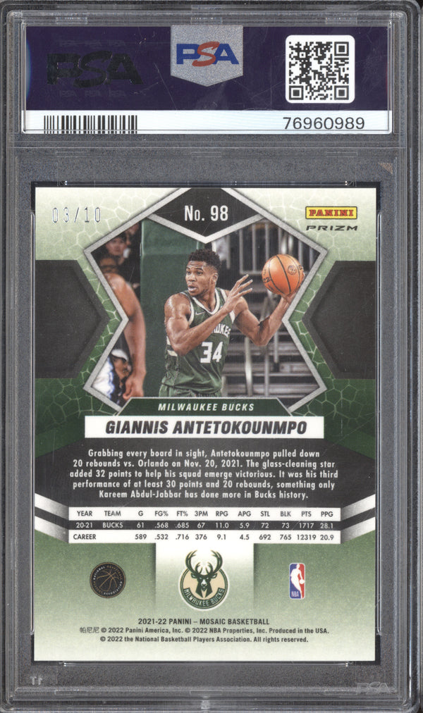 Giannis Antetokounmpo 2021-22 Panini Mosaic 98 Gold Mosaic 3/10 PSA 9