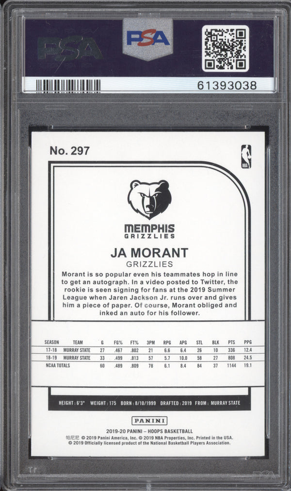 Ja Morant 2019-20 Panini Hoops 297 RC PSA 10