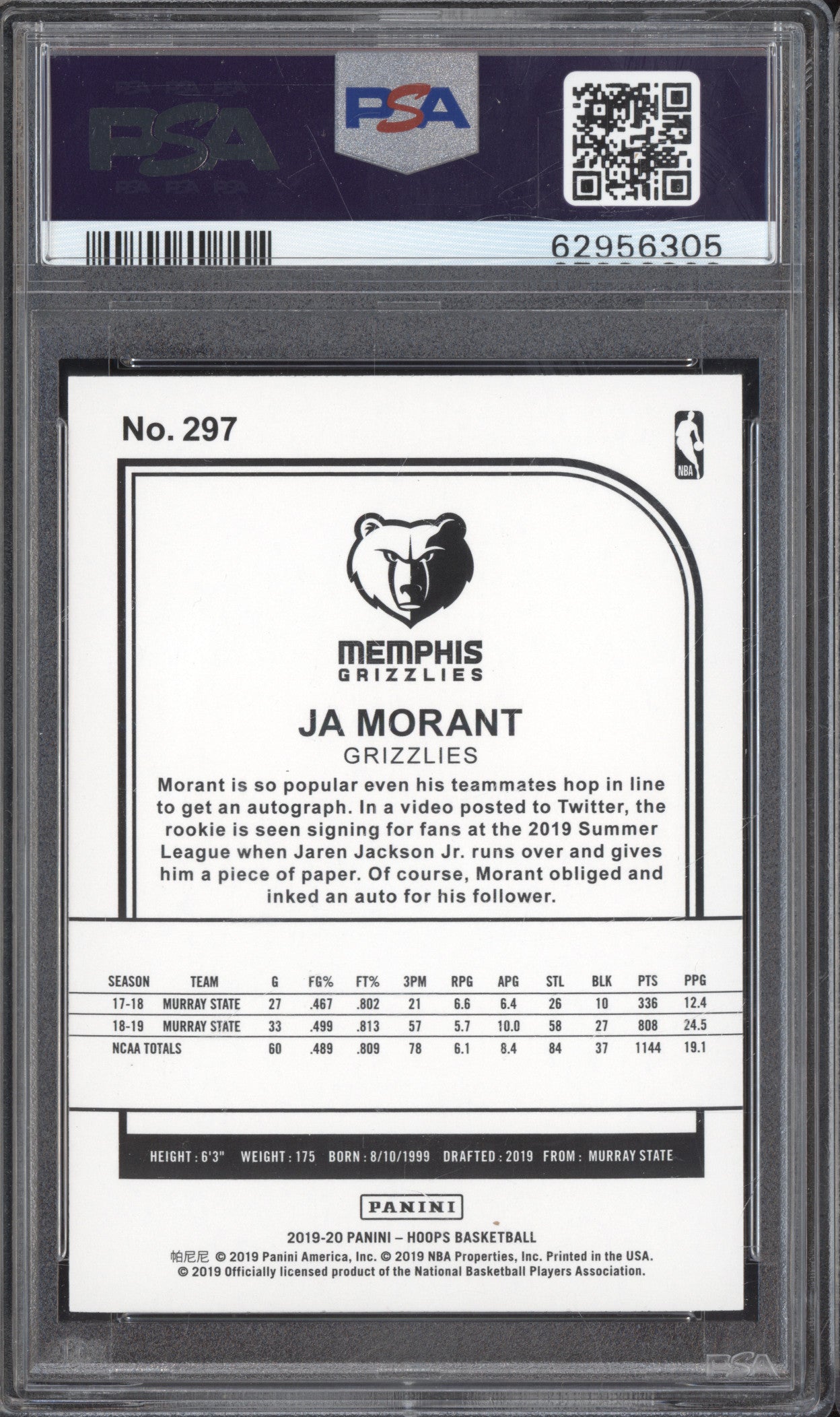 Ja Morant 2019-20 Panini Hoops 297 Neon Green RC PSA 10