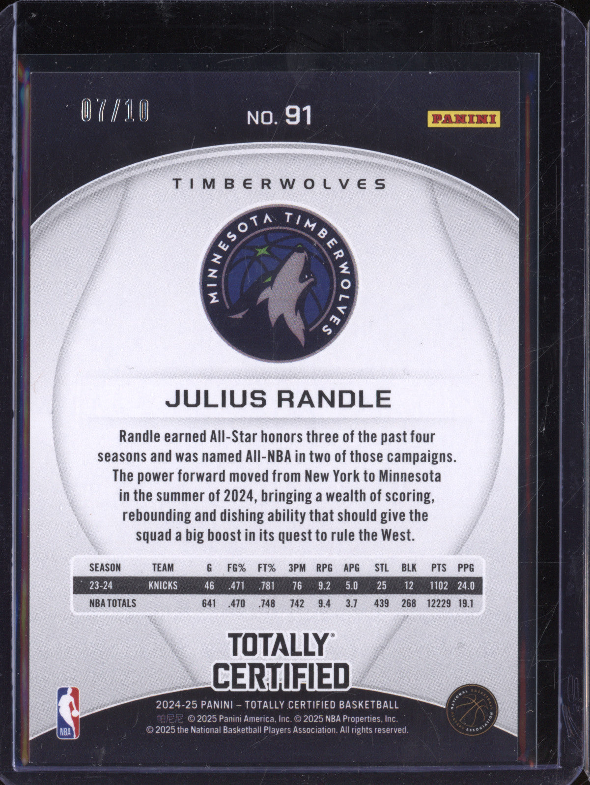 Julius Randle 2024-25 Panini Totally Certified 91 Gold 7/10