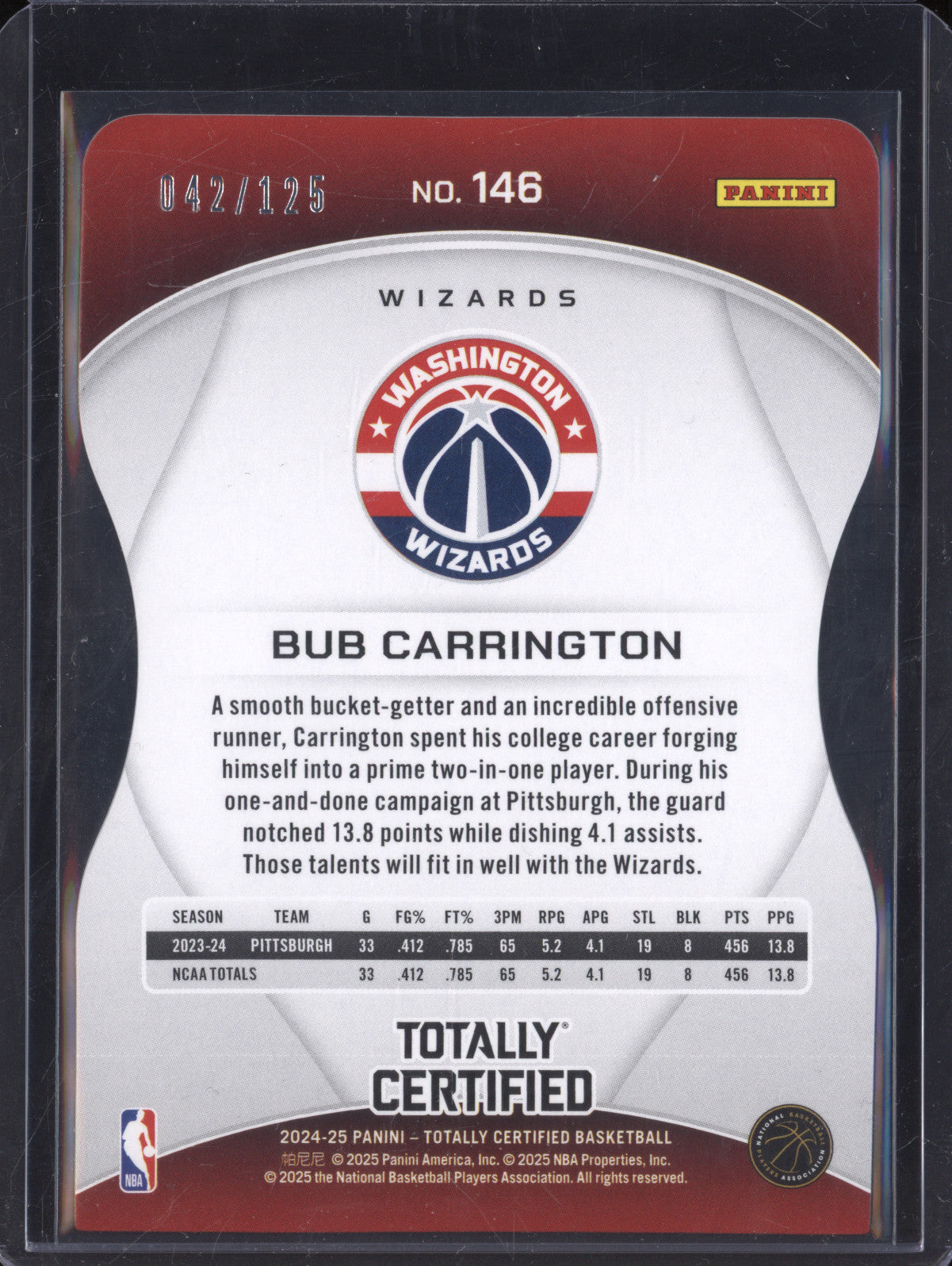 Bub Carrington 2024-25 Panini Totally Certified 146 Pink Die-Cut RC 42/125