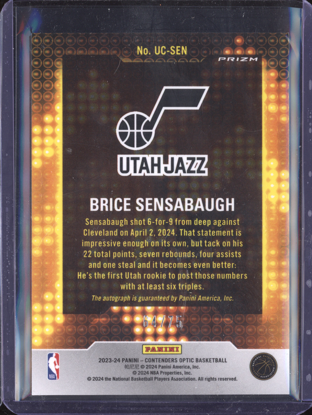 Brice Sensabaugh 2023-24  Contenders Optic UC-SEN Up and Coming Auto Blue /75
