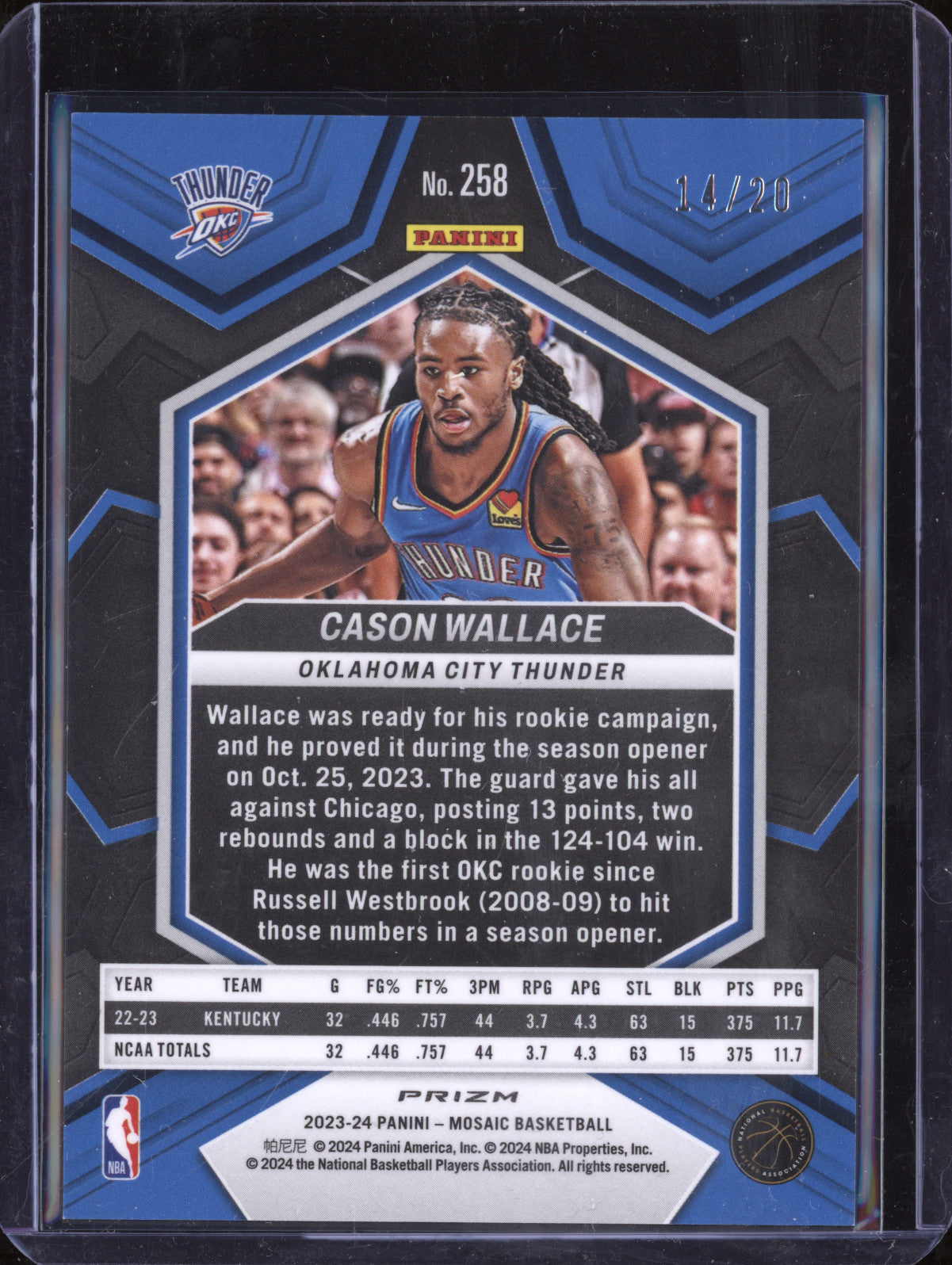 Cason Wallace 2023-24 Panini Mosaic 258 Pink Fast Break Mosaic RC 14/20