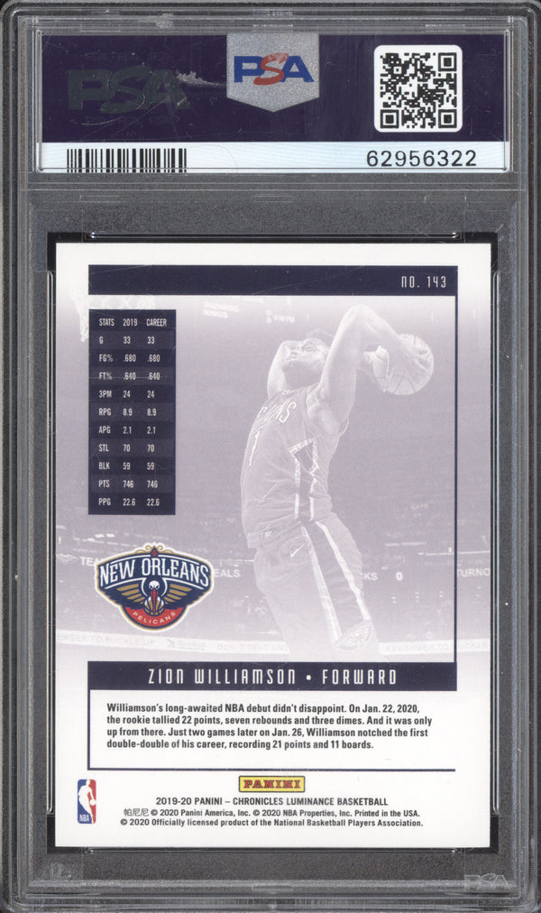 Zion Williamson 2019-20 Panini Chronicles 143 Luminance RC PSA 10