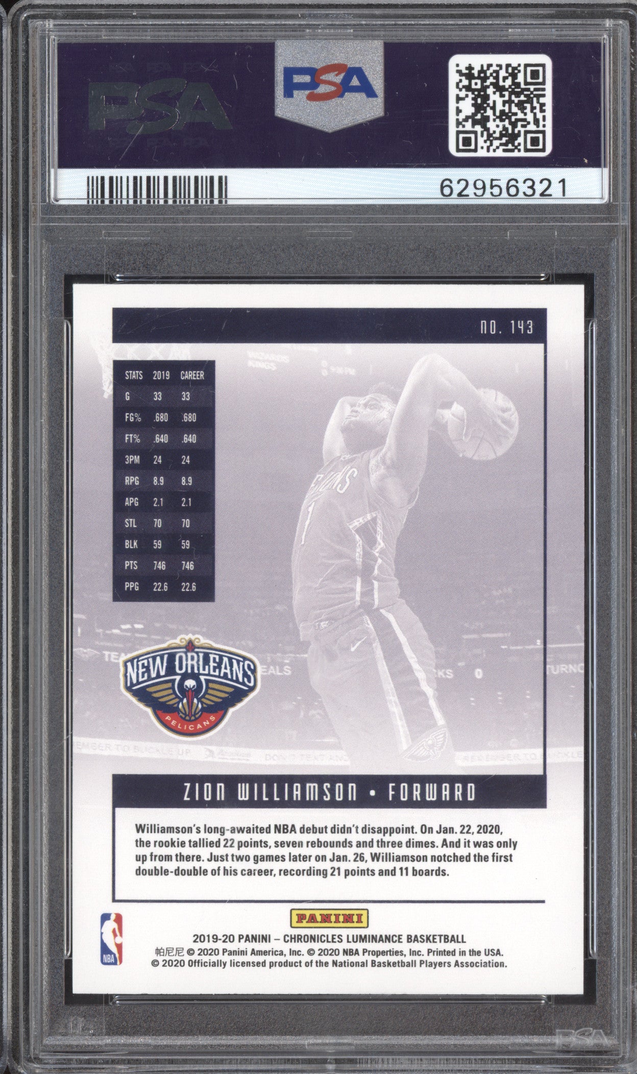 Zion Williamson 2019-20 Panini Chronicles 143 Luminance RC PSA 10