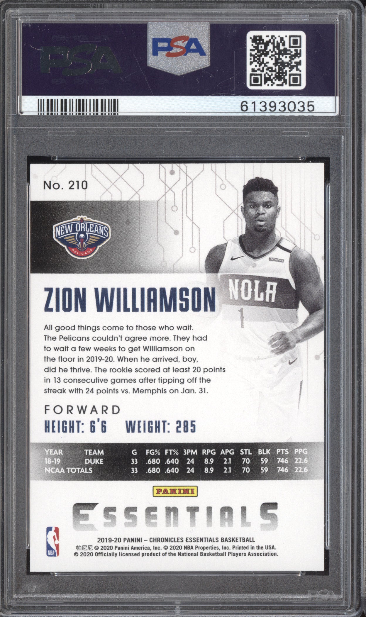 Zion Williamson 2019-20 Panini Chronicles 210 Essentials RC PSA 10