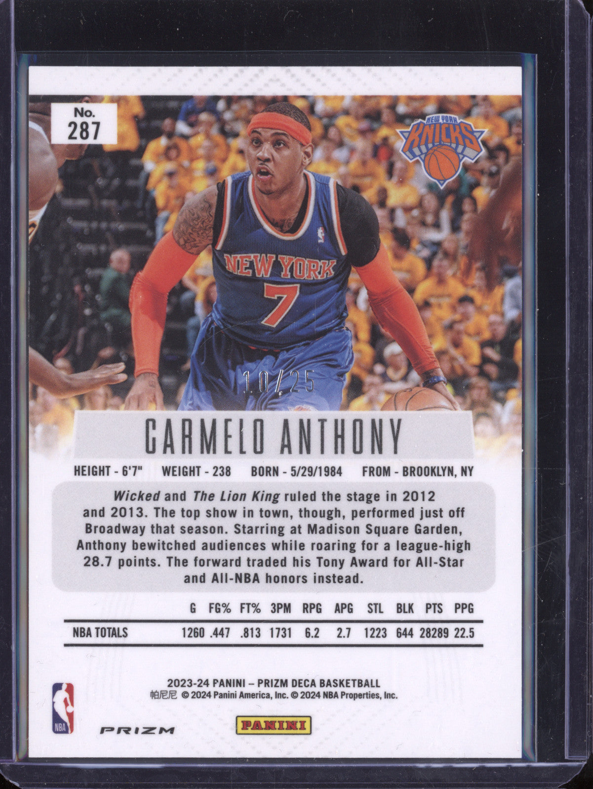 Carmelo Anthony 2023-24 Panini Prizm Deca 287 Mojo 10/25