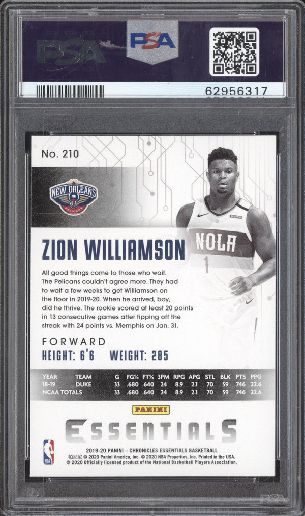 Zion Williamson 2019-20 Panini Chronicles 210 Essentials Pink RC PSA 10