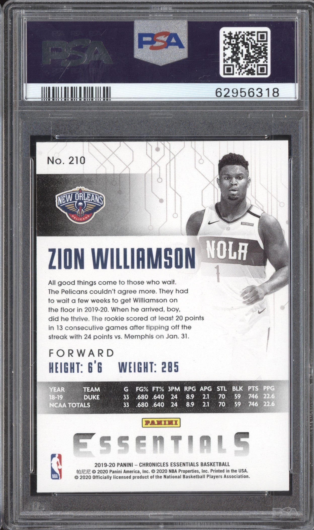 Zion Williamson 2019-20 Panini Chronicles 210 Essentials Pink RC PSA 10