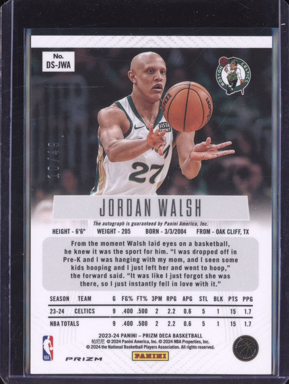 Jordan Walsh 2023-24 Panini Prizm Deca DS-JWA Signatures Blue RC 10/49