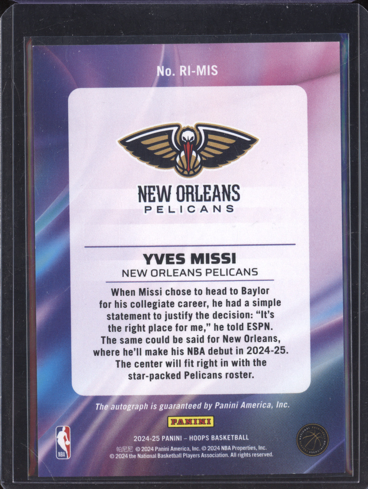 Yves Missi 2024-25 Panini Hoops RI-MIS Rookie Ink Auto RC