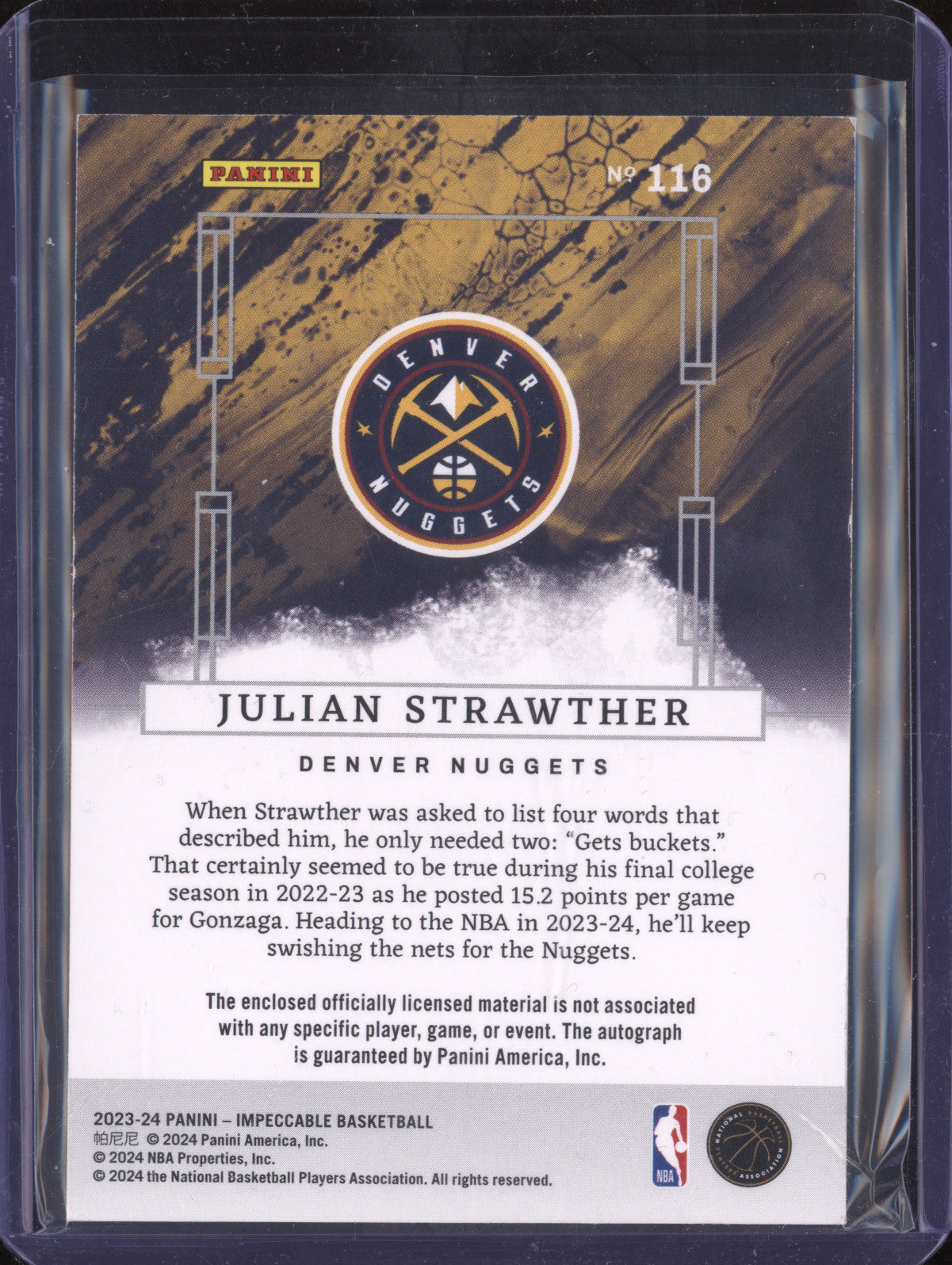 Julian Strawther 2023-24 Panini Impeccable 116 Rookie Jersey Auto Int RC /88