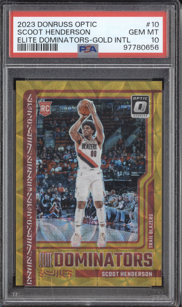 Scoot Henderson 2023 Panini Optic Dominators Gold International RC /10 PSA 10