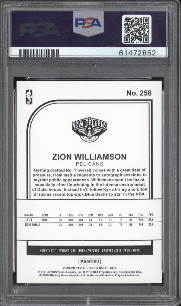 Zion Williamson 2019-20 Panini Hoops 258 RC PSA 10