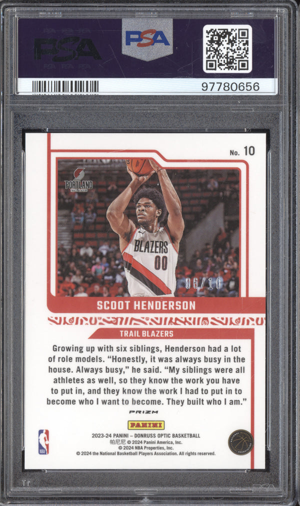 Scoot Henderson 2023 Panini Optic Dominators Gold International RC /10 PSA 10