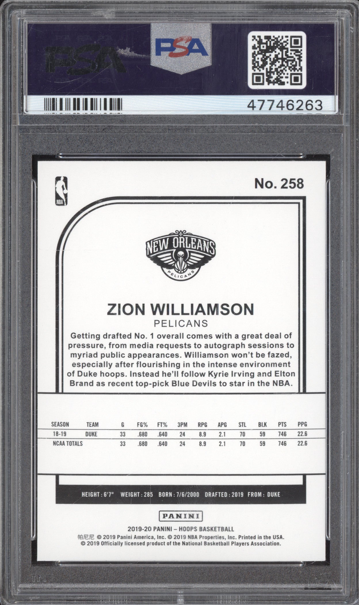 Zion Williamson 2019-20 Panini Hoops 258 RC PSA 10