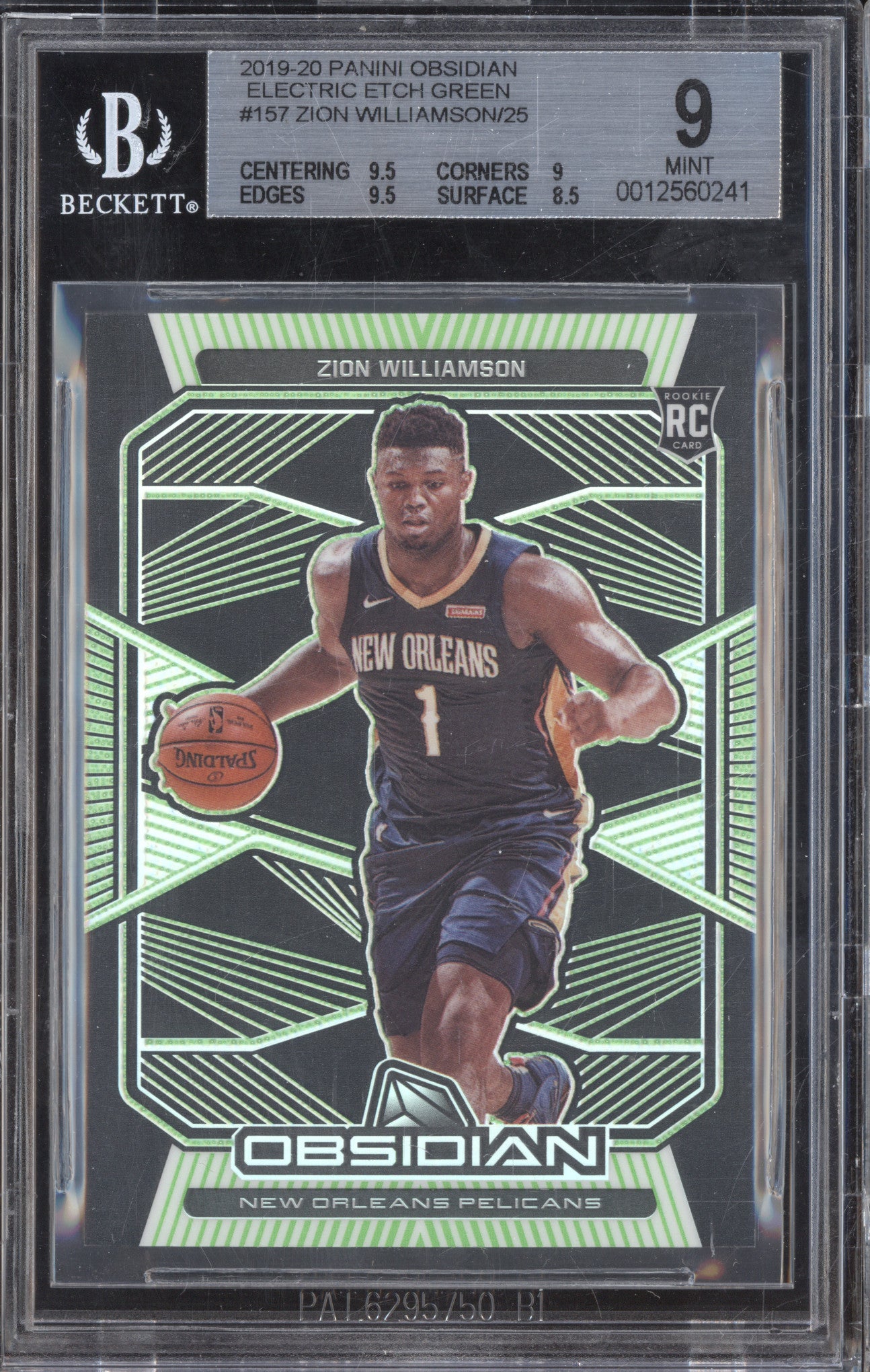 Zion Williamson 2019-20 Panini Obsidian 157 Electric Etch Green RC 3/25 BGS 9