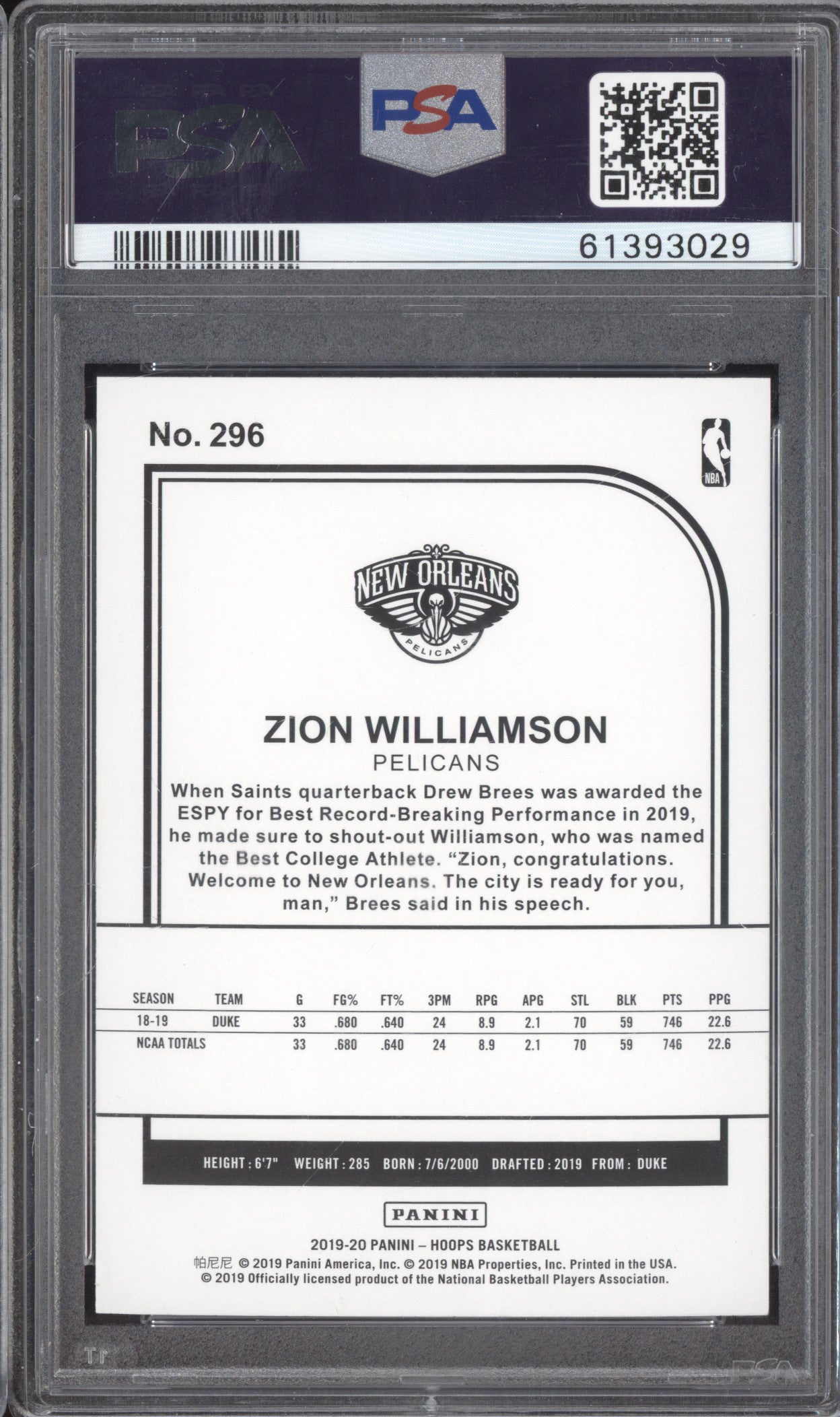 Zion Williamson 2019-20 Panini Hoops 296 RC PSA 10