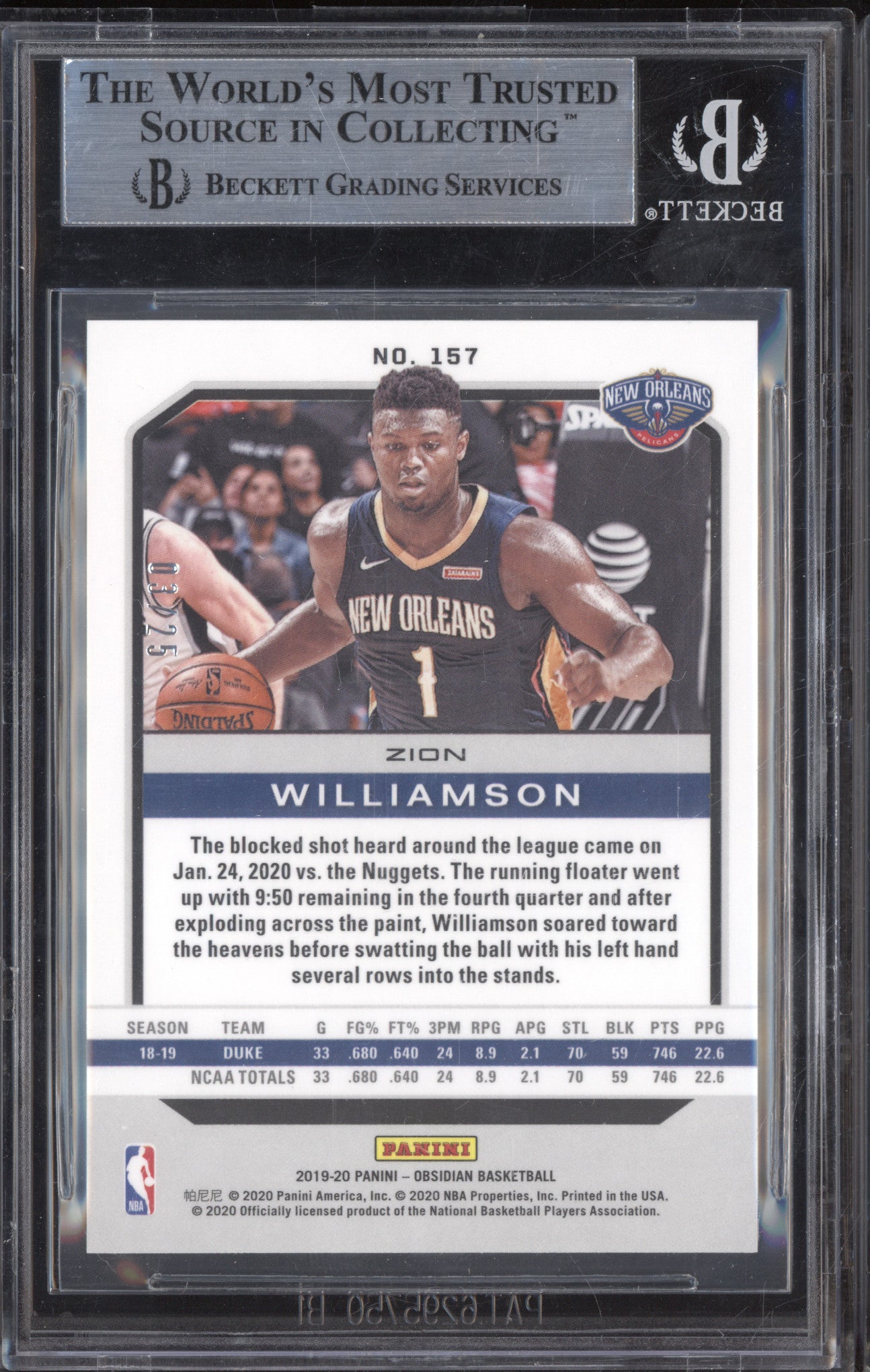 Zion Williamson 2019-20 Panini Obsidian 157 Electric Etch Green RC 3/25 BGS 9