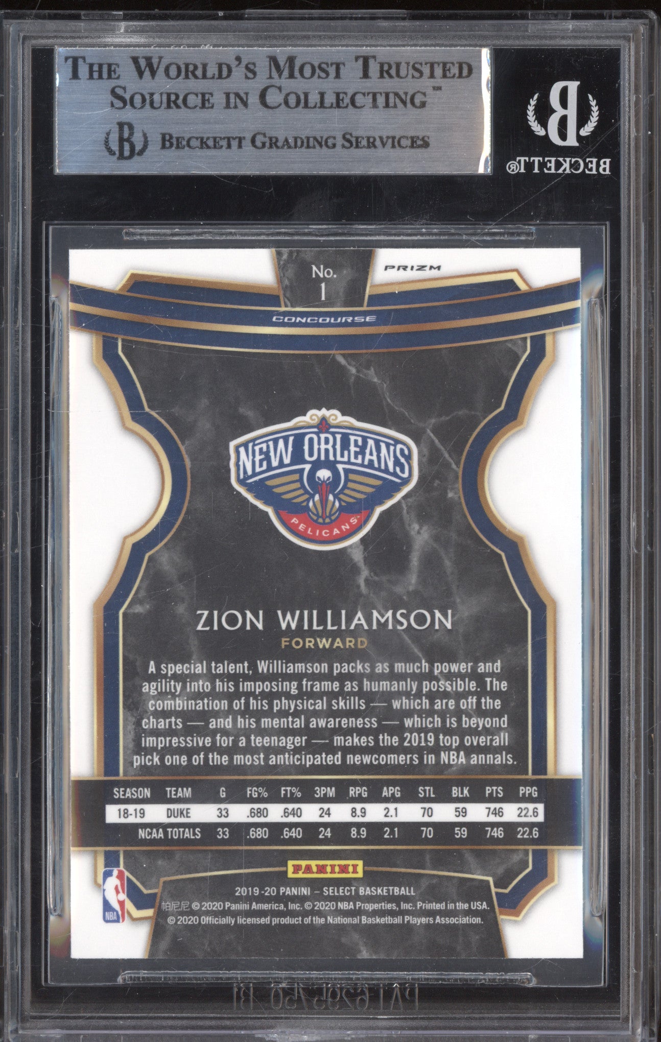 Zion Williamson 2019-20 Panini Select 1 Disco RC BGS 9