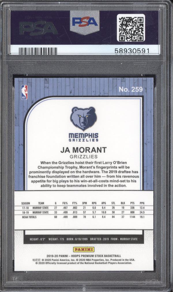 Ja Morant 2019-20 Panini Hoops Premium Stock 259 RC PSA 10