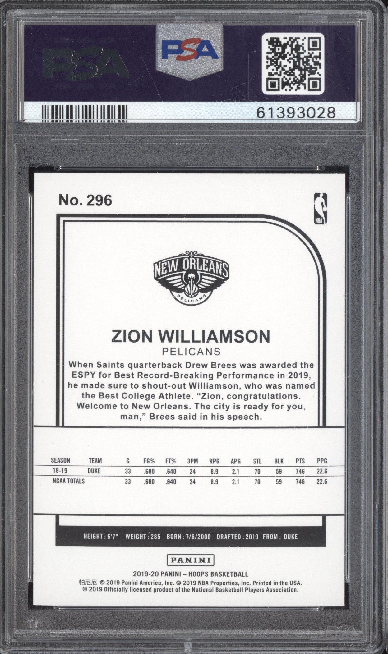 Zion Williamson 2019-20 Panini Hoops 296 RC PSA 10