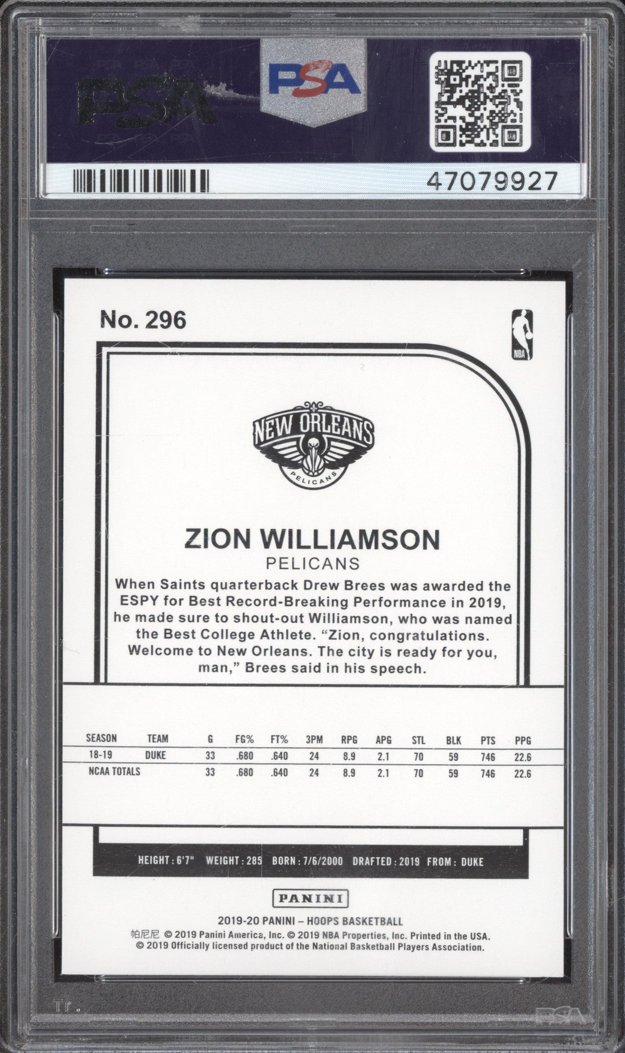 Zion Williamson 2019-20 Panini Hoops 296 RC PSA 10