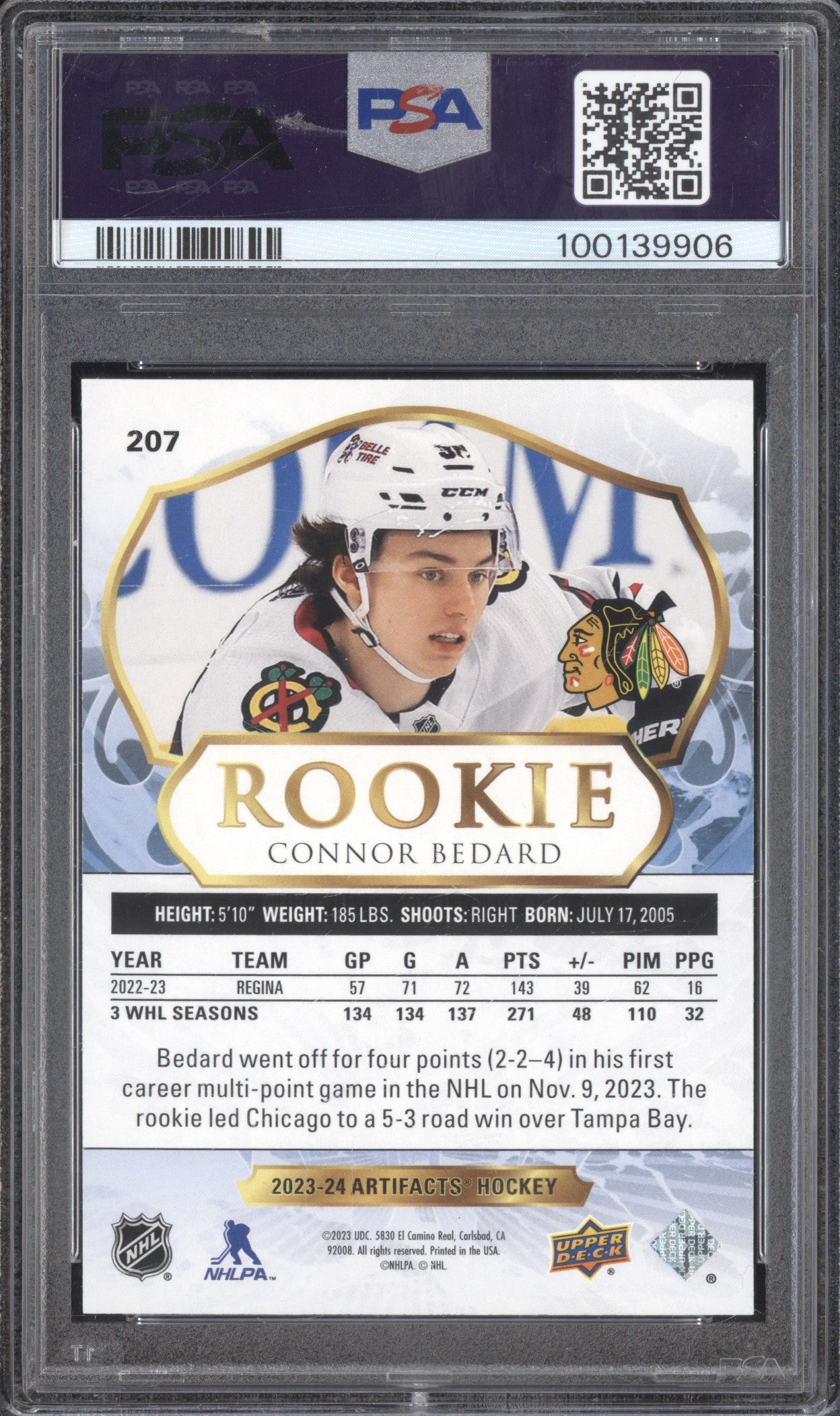 Connor Bedard 2023-24 Upper Deck Artifacts 207 RC 686/999 PSA 9