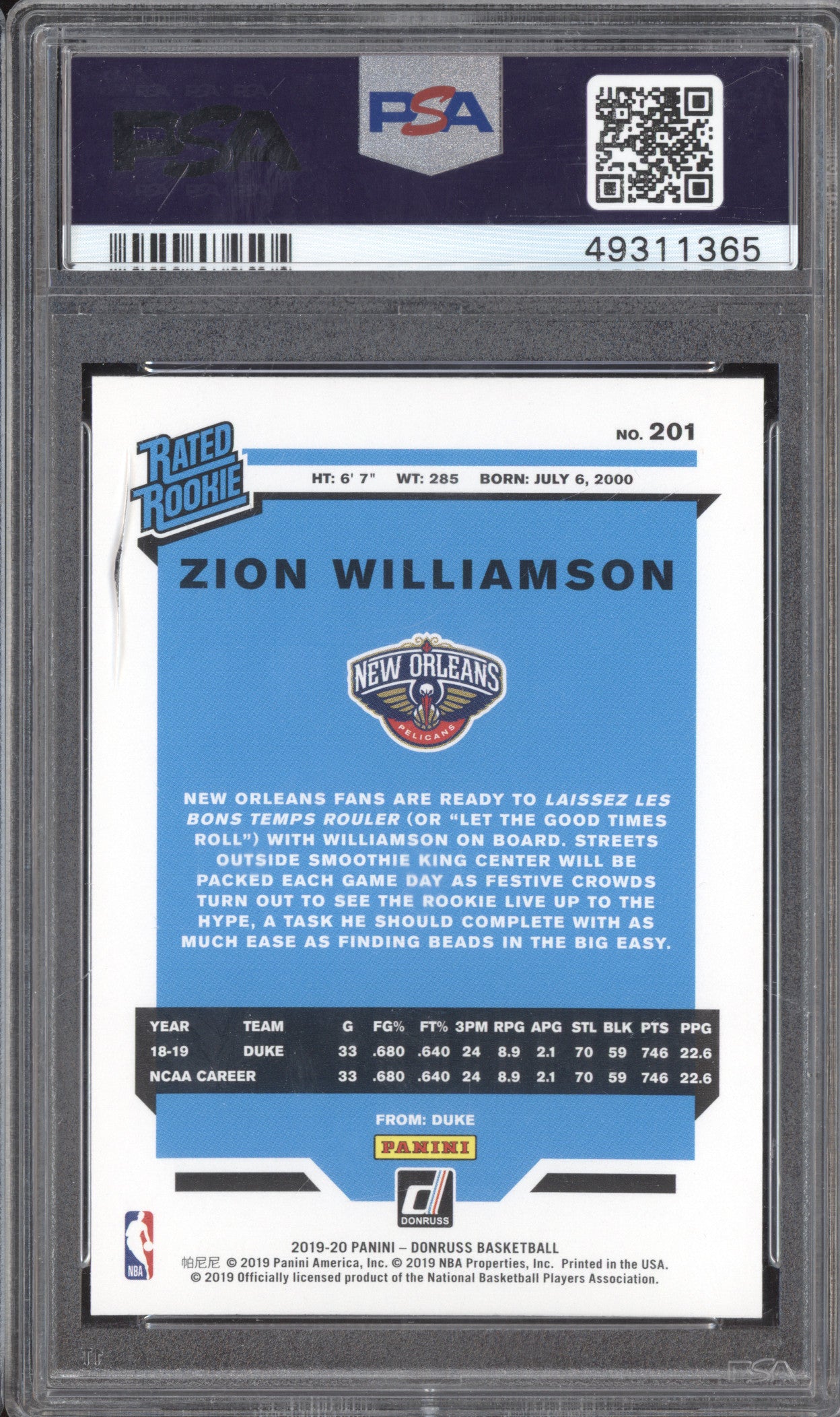 Zion Williamson 2019-20 Panini Donruss 201 RC PSA 10