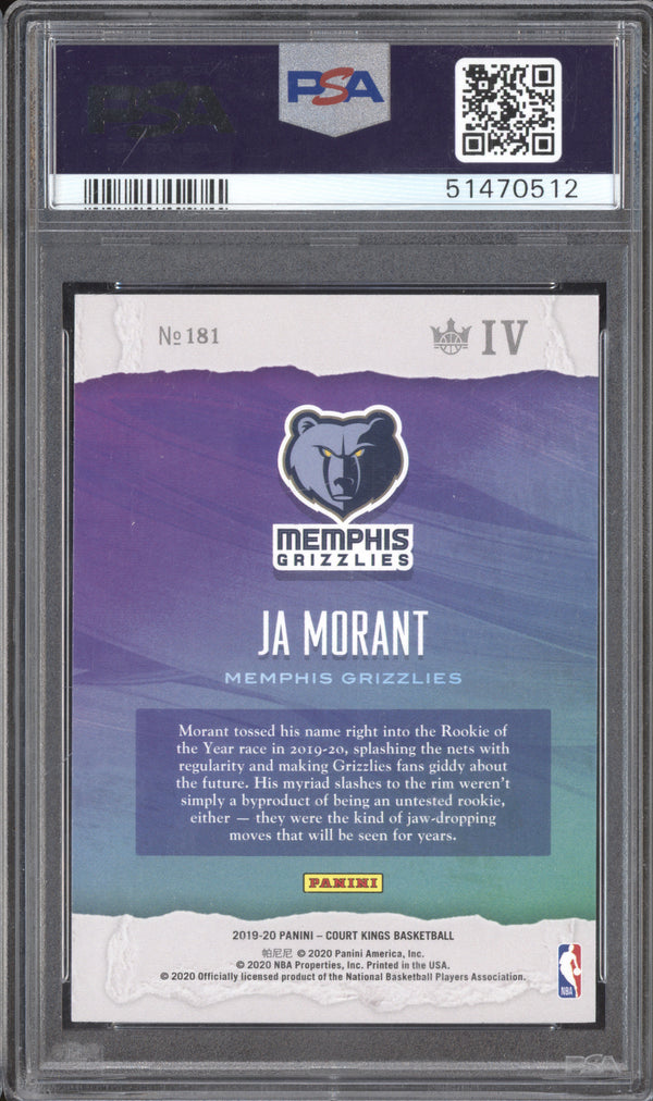 Ja Morant 2019-20 Panini Court Kings 181 RC PSA 9