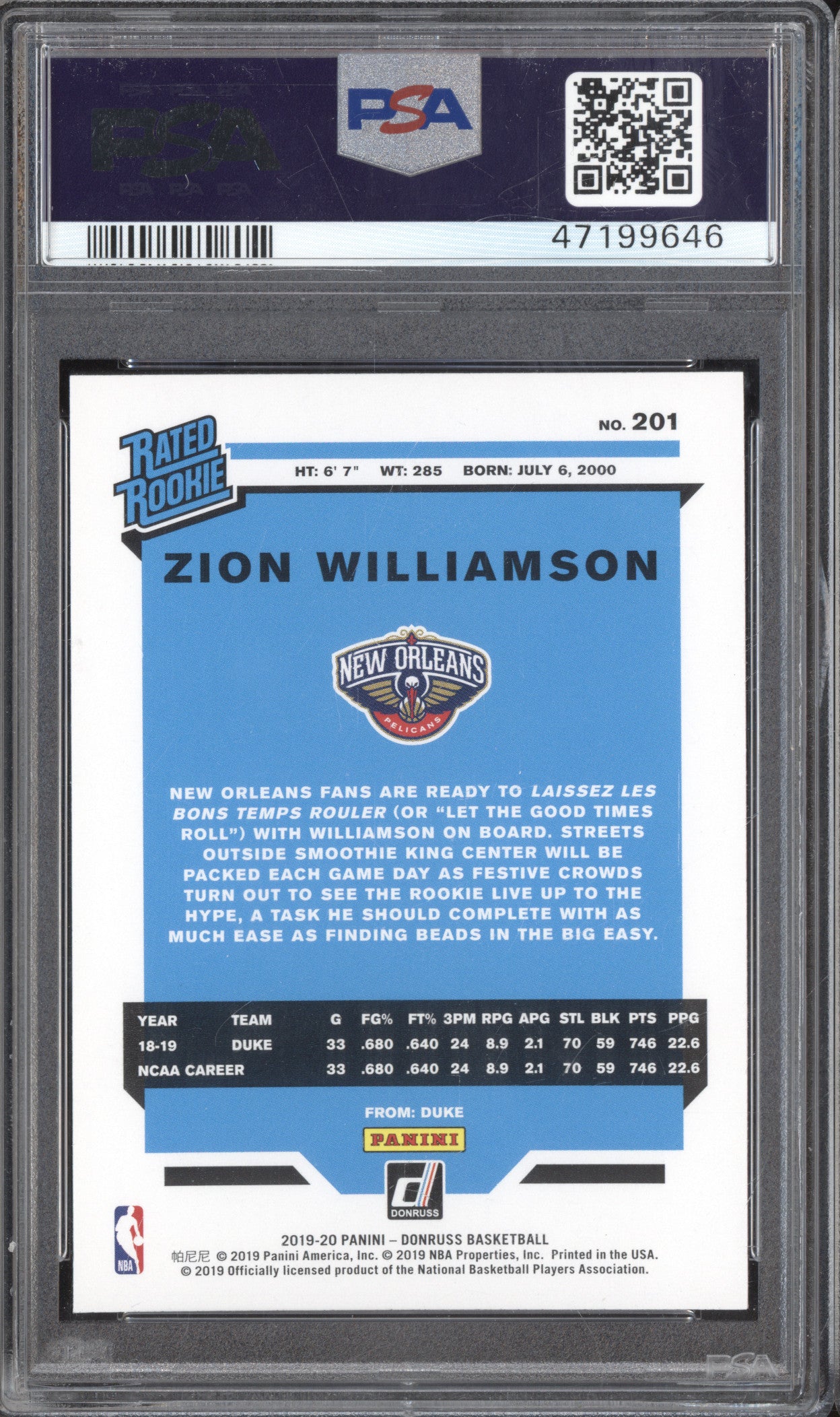 Zion Williamson 2019-20 Panini Donruss 201 RC PSA 10