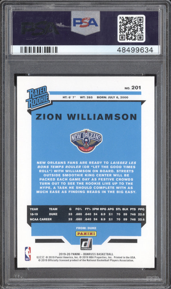 Zion Williamson 2019-20 Panini Donruss 201 RC PSA 10