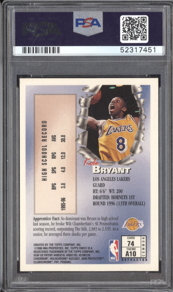 Kobe Bryant 1996-97 Topps Finest 74 Refractor with Coating RC PSA 8