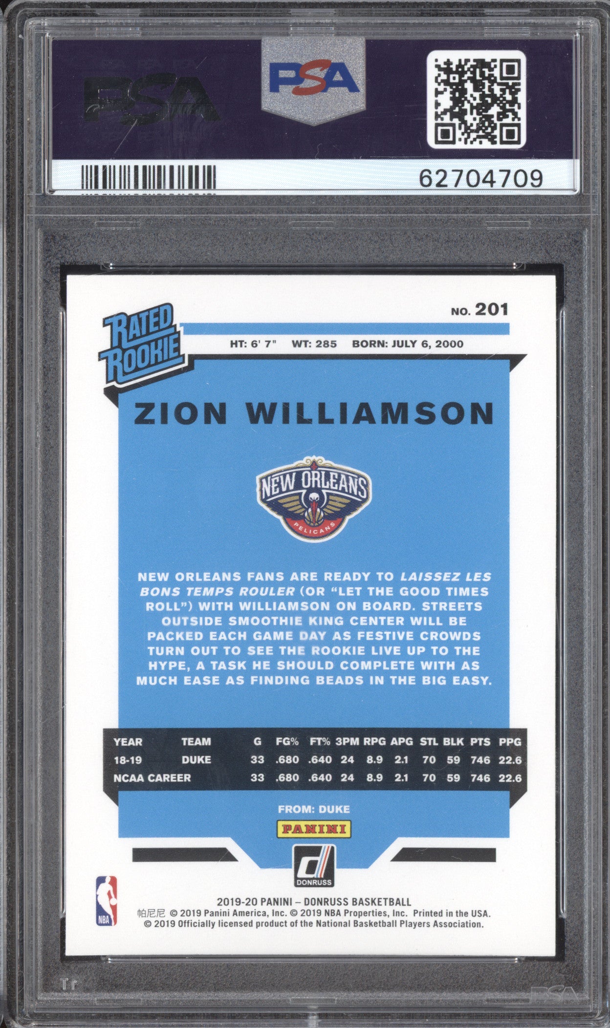 Zion Williamson 2019-20 Panini Donruss 201 RC PSA 10