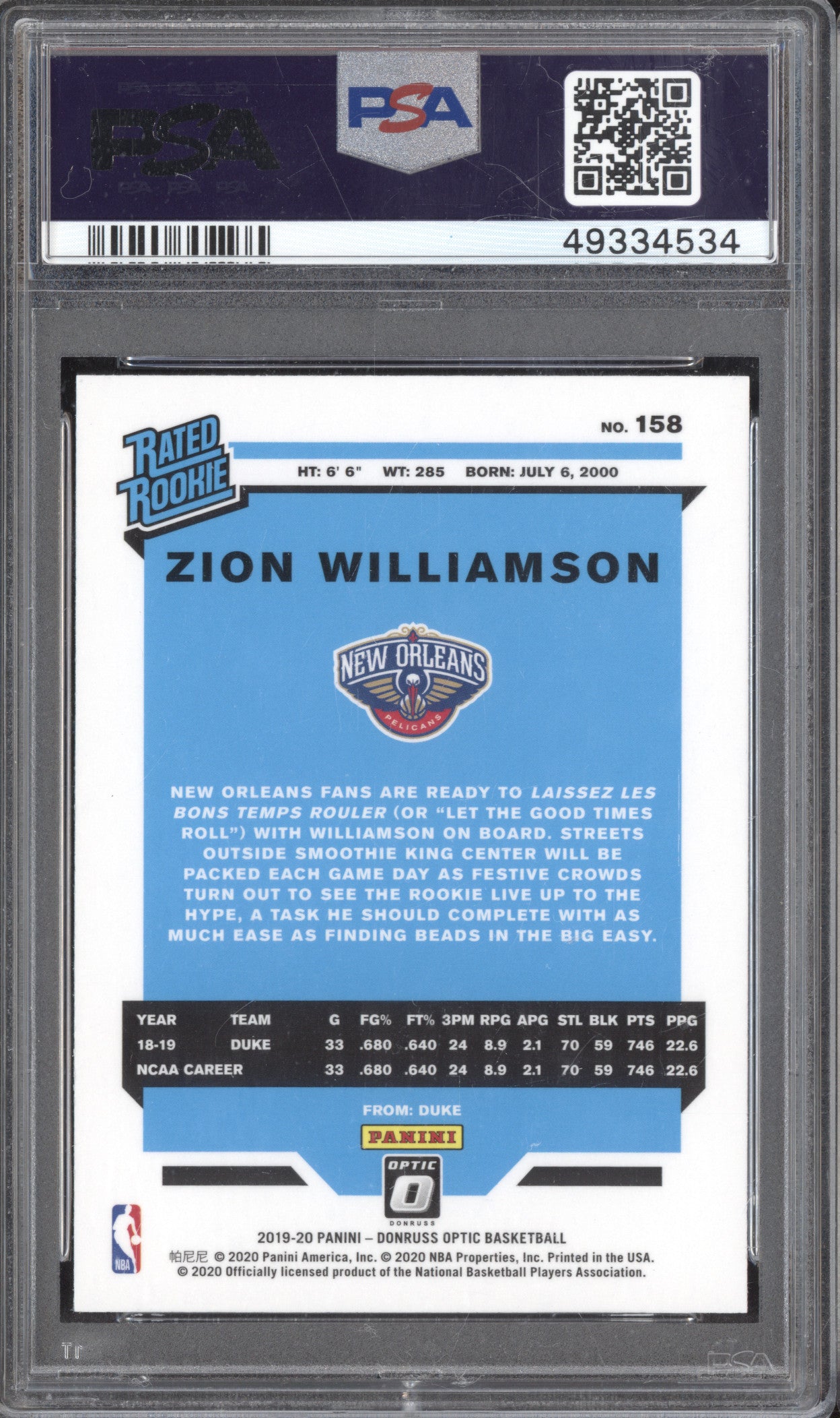 Zion Williamson 2019-20 Panini Donruss Optic 158 RC PSA 10