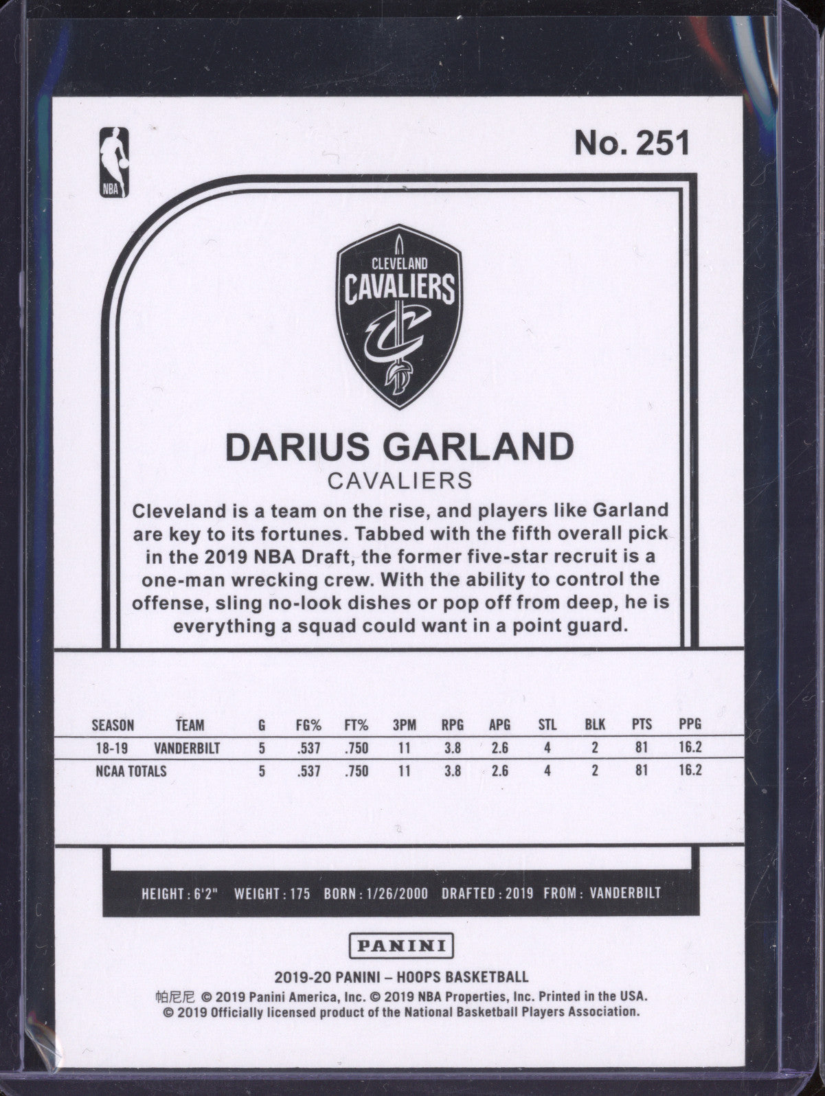 Darius Garland 2019-20 Panini Hoops 251 Blue Explosion RC 39/49