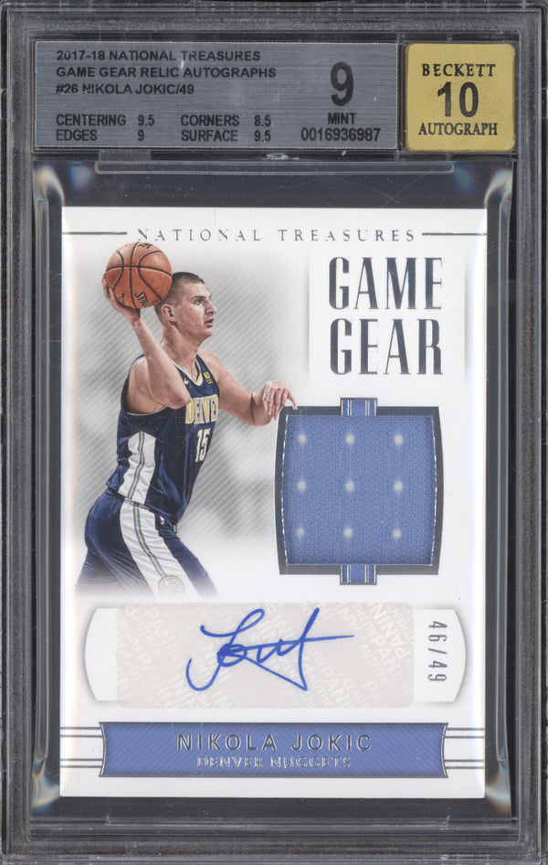 Nikola Jokic 2017-18 Panini National Treasures  26 Game Gear Relic Auto 46/49 BGS 9/10