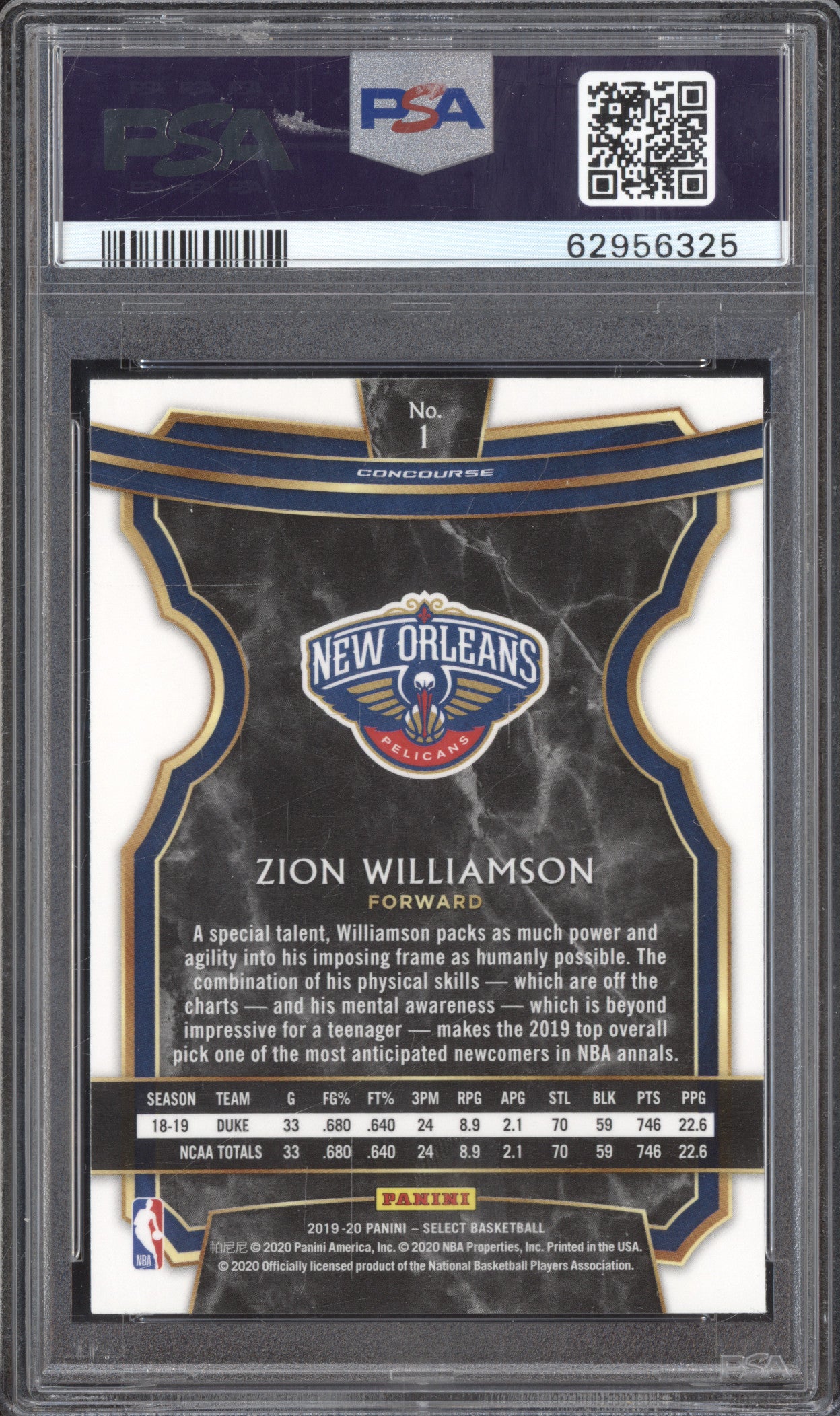 Zion Williamson 2019-20 Panini Select 1 RC PSA 10