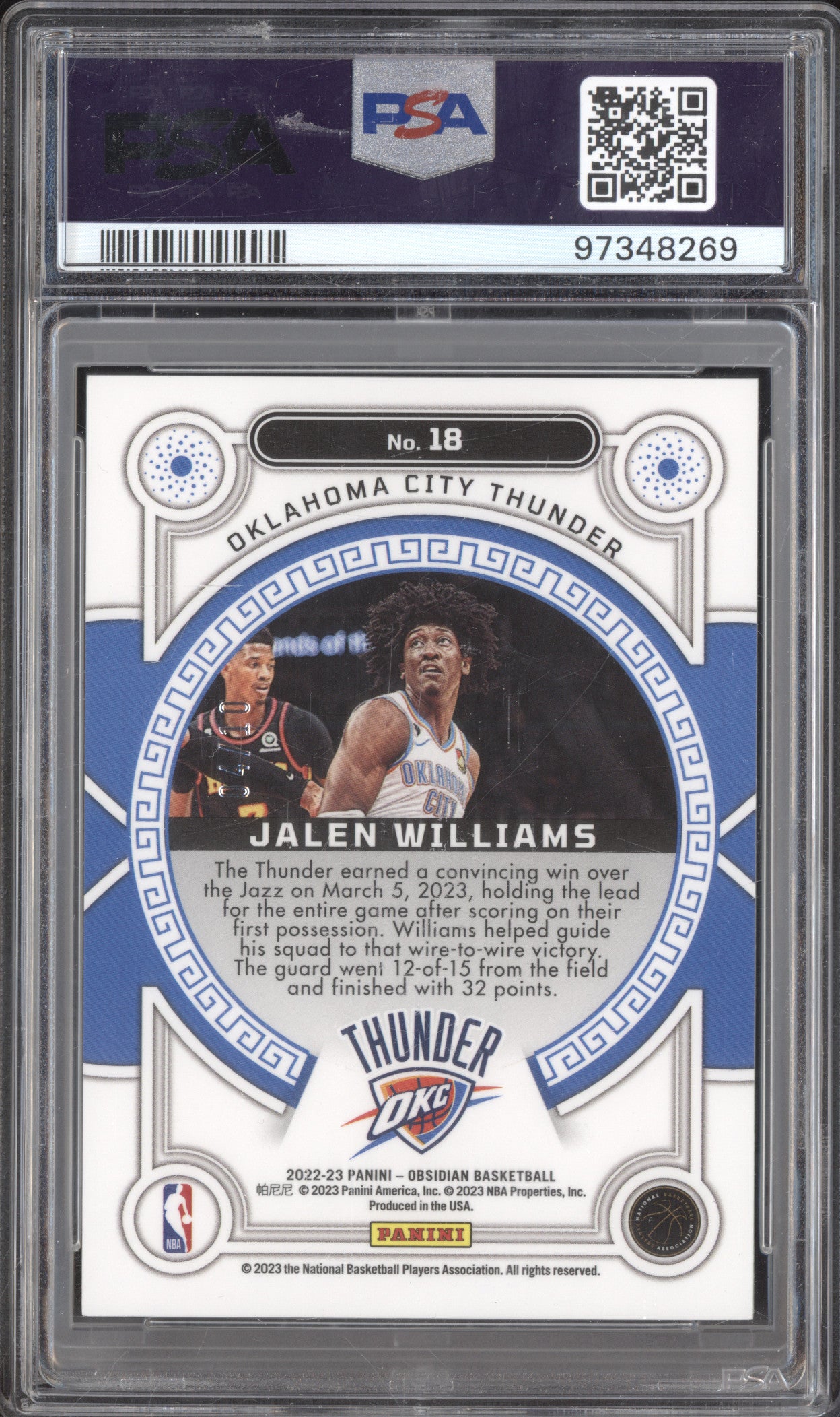 Jalen Williams 2022-23 Panini Obsidian 18 Orbital Elec Etch Yellow RC 4/10 PSA 9