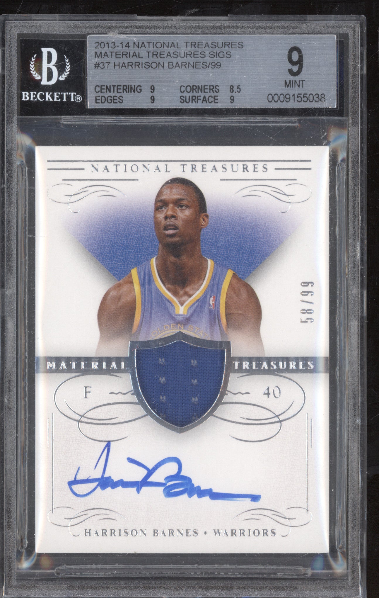 Harrison Barnes 2013-14 Panini National Treasures Material Auto /99 BGS 9