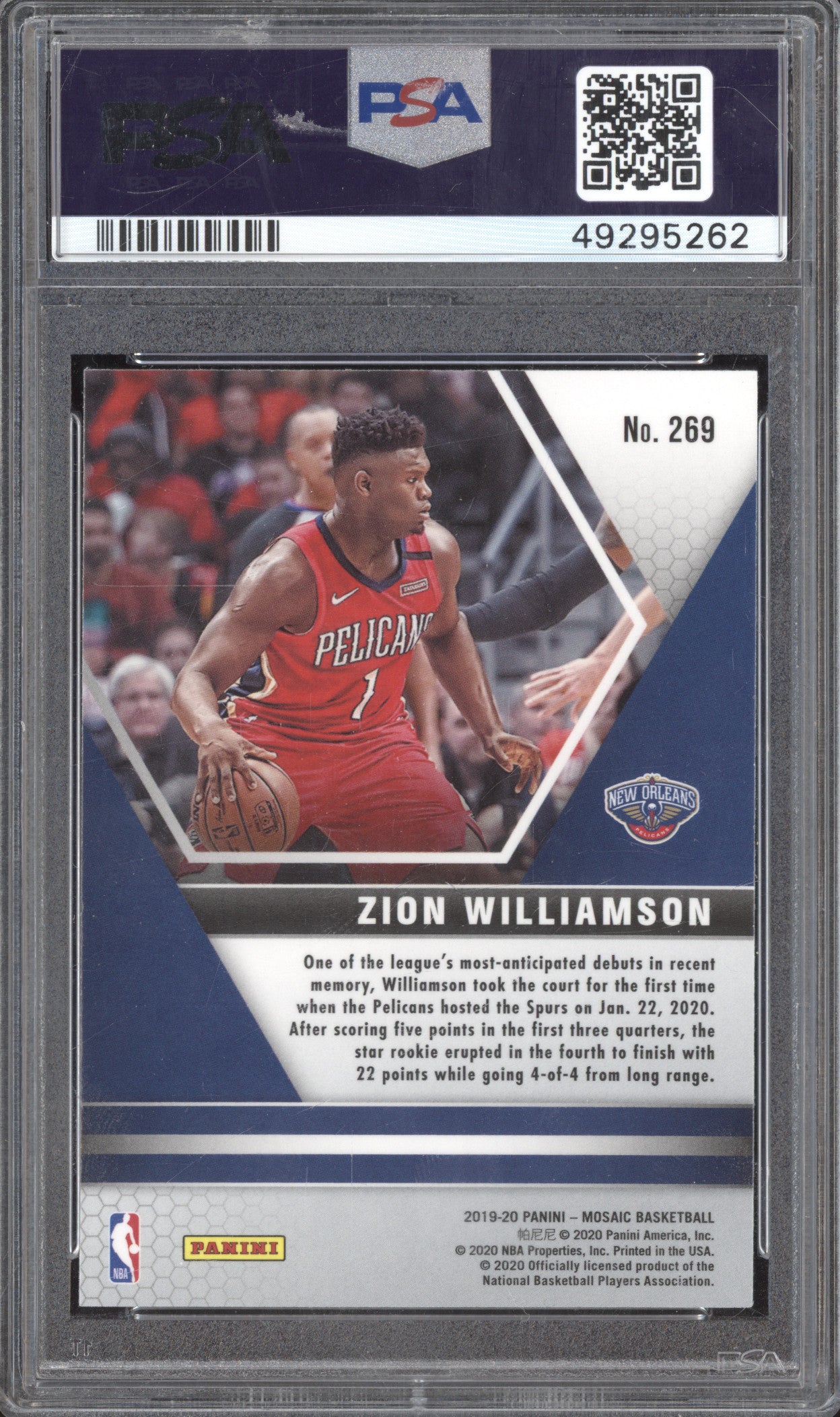 Zion Williamson 2019-20 Panini Mosaic 269 NBA Debut RC PSA 10