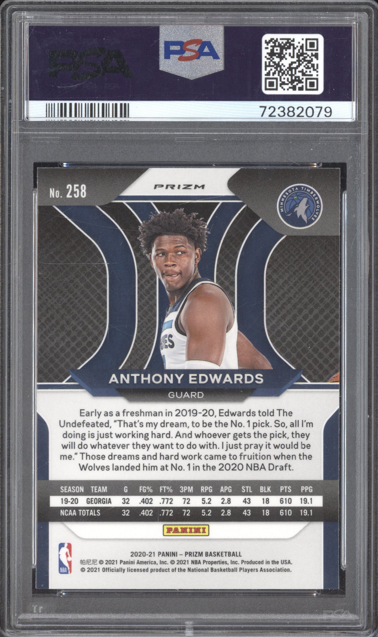 Anthony Edwards 2020-21 Panini Prizm 258 Orange Ice RC PSA 9